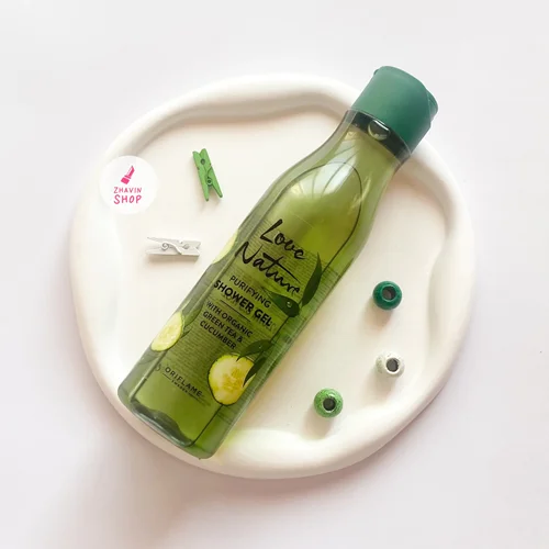 🌿🥒شاور ژل چای سبز و خیار ارگانیک 250 میل لاو نیچر اوریفلیم Love Nature PURIFING SHOWER GEL WITH ORGANIC GREENTEA & CUCUMBER